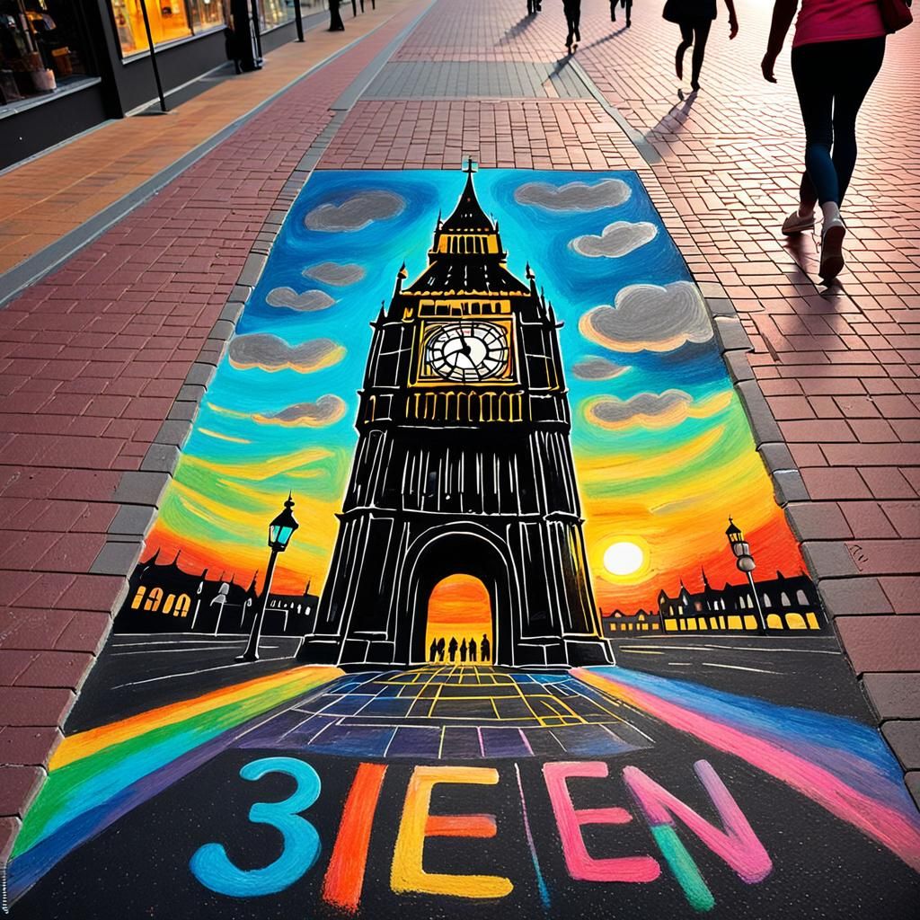 Chalk Artist Depicts Big Ben at Sunset