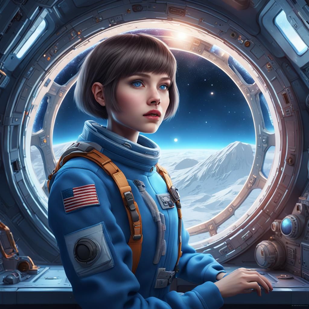 Girl Gazing at Planet from Spaceship Interior
