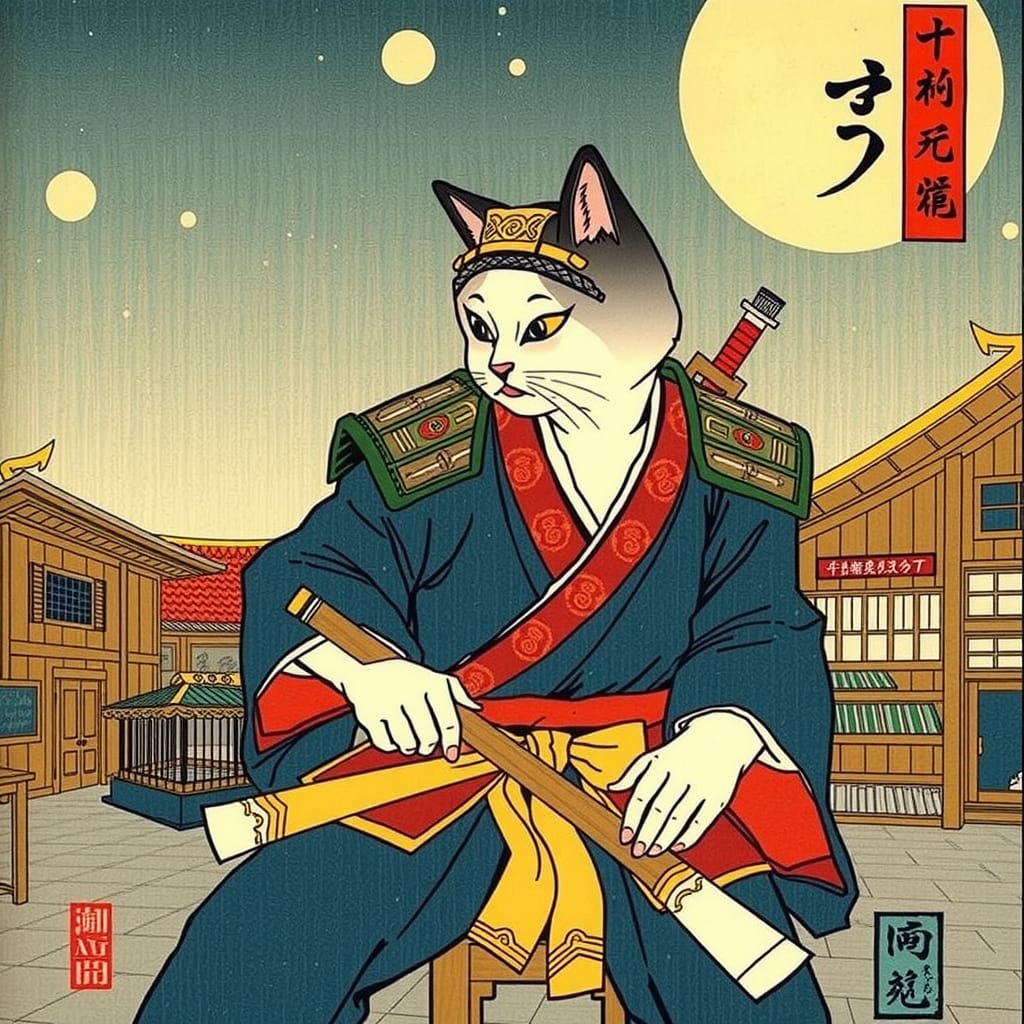 Samurai Cat in Ukiyo-e Style