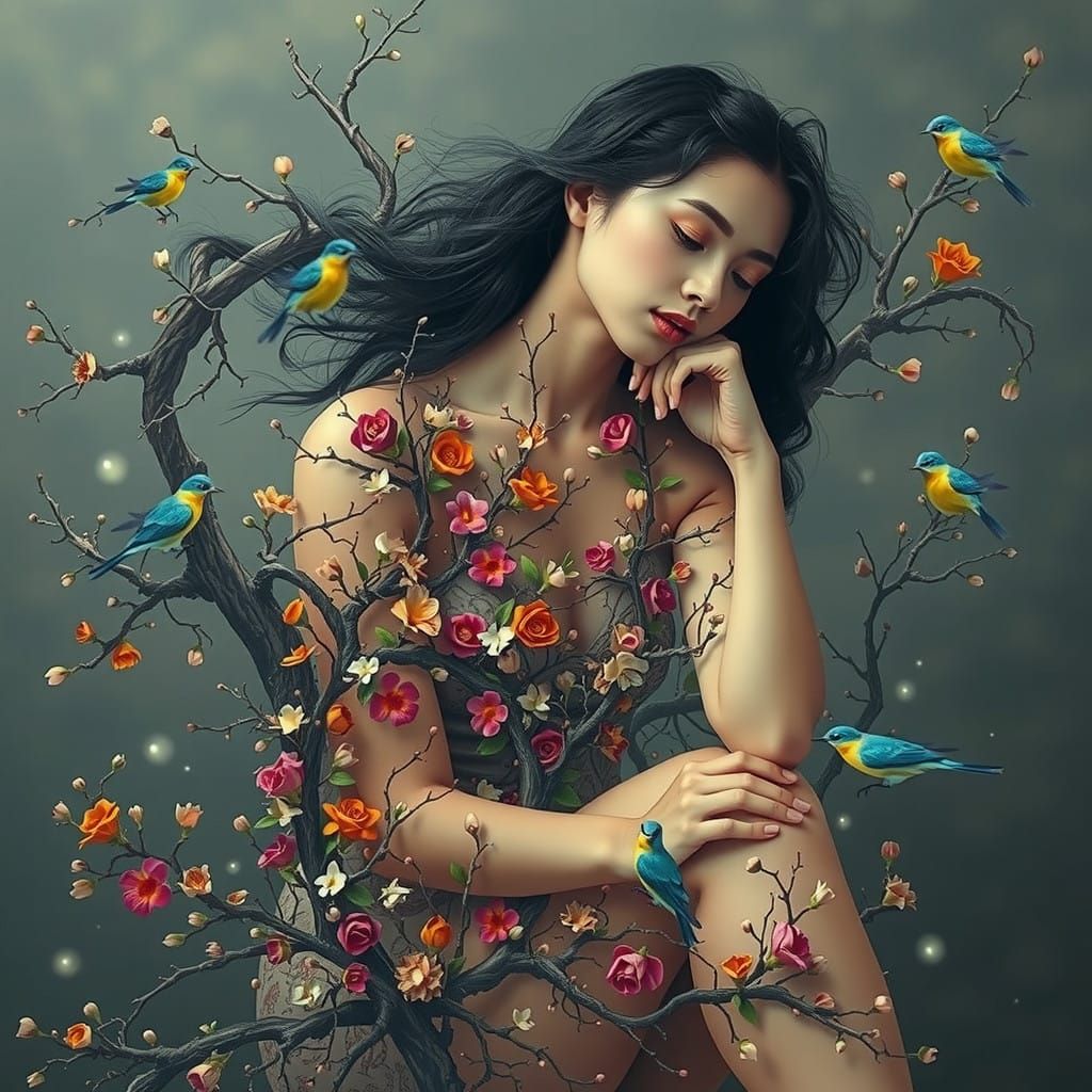 Ethereal Nature Goddess Emerges from Blooming Vines