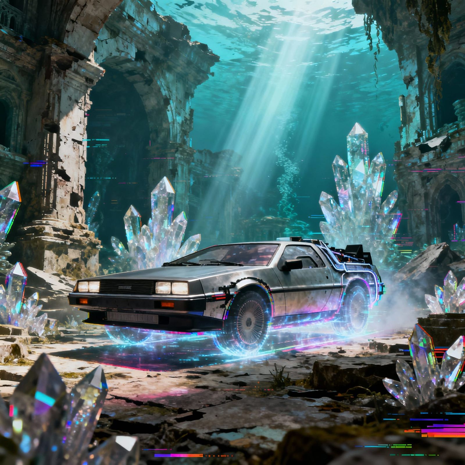 DeLorean in Lost Atlantis, Glitch Art Style