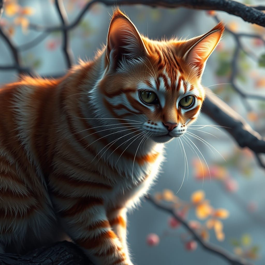 Whimsical Orange Cat Perched on a Branch in a Fantastical Fo...