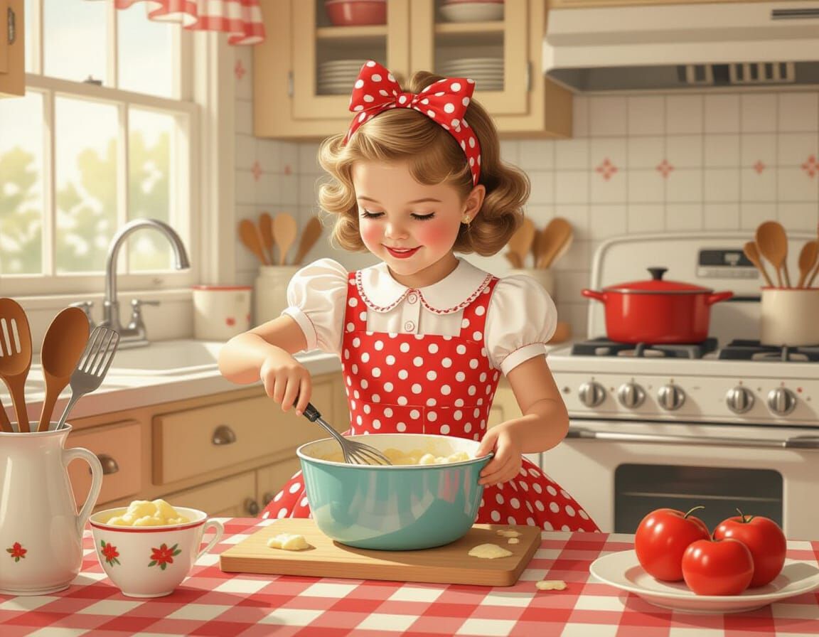 Girl Baking in 1950s Kitchen, Whimsical Digital Art