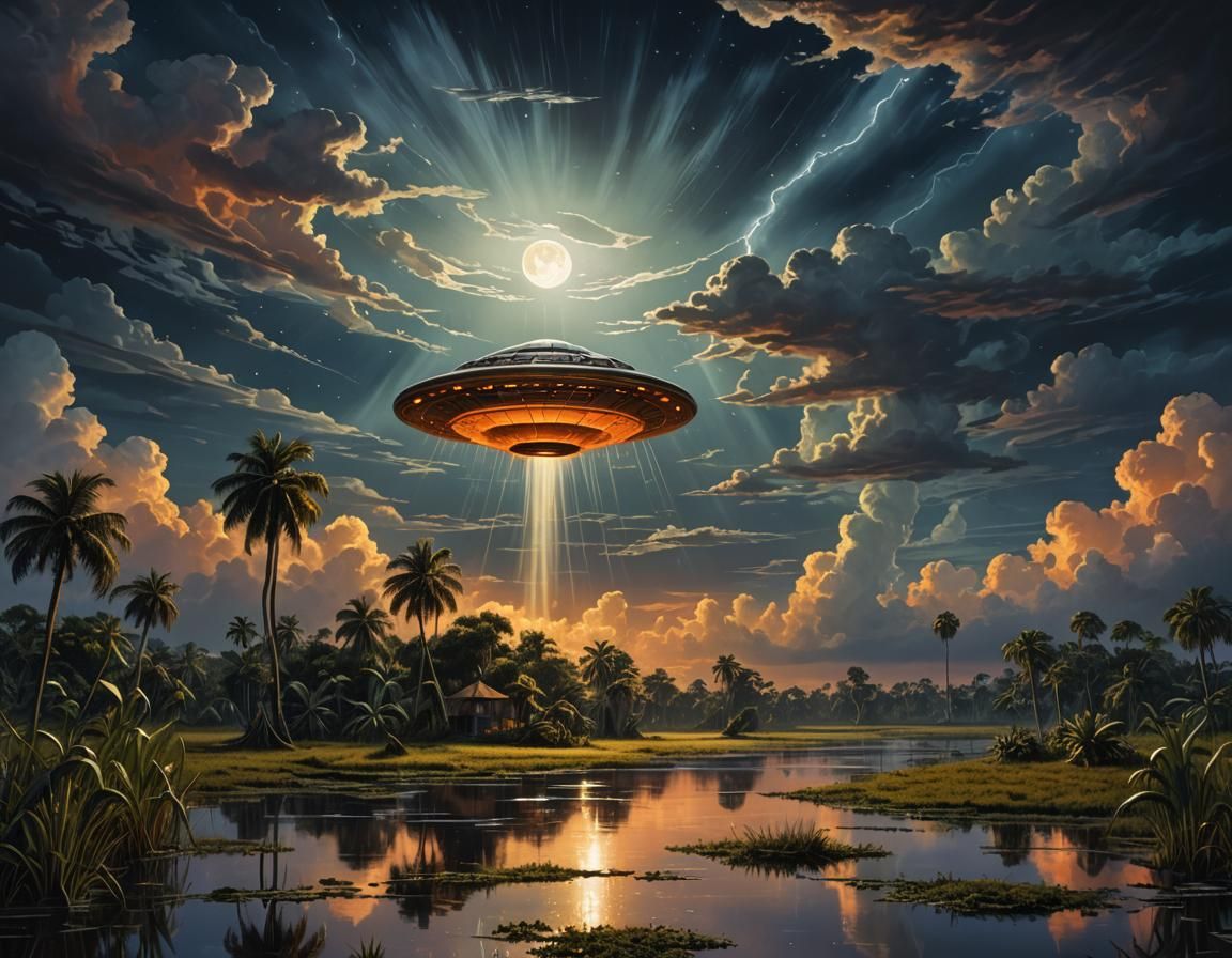 UFO over Congo Delta in Surreal Art Nouveau Style