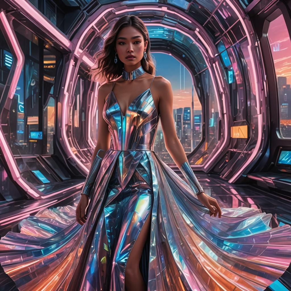 Girl in Holographic Dress in Futuristic Spaceship