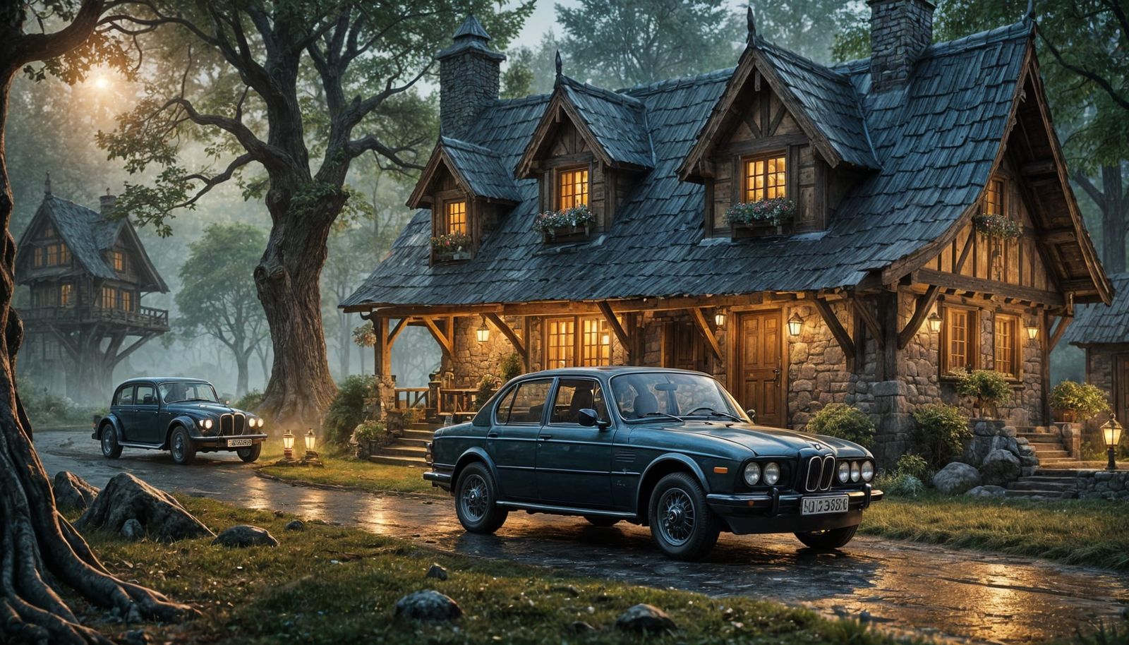 Elven Cottage with Antique 1920s BMW, Fantasy Art