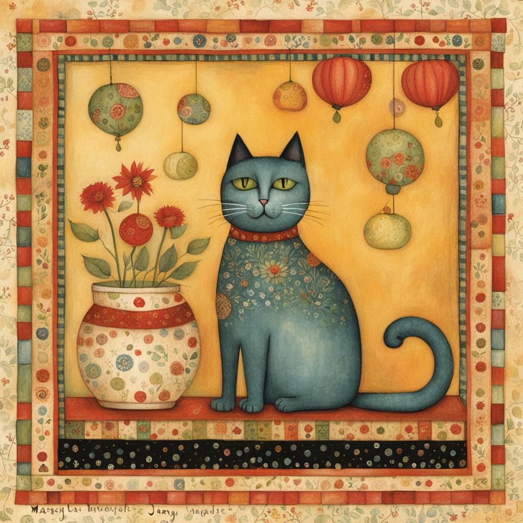 Stylized Cat Illustration in Folk Art Style