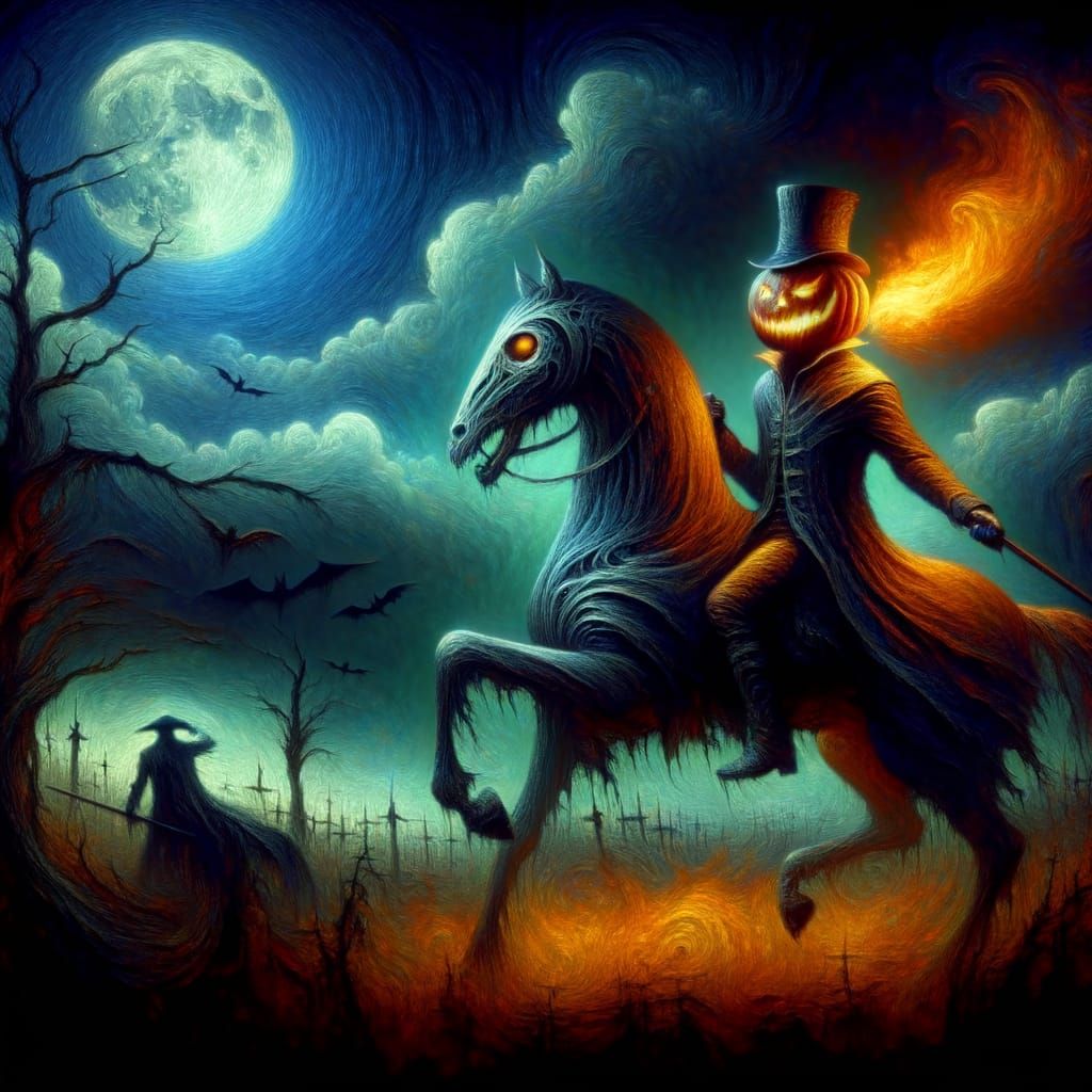 Headless Horseman Throws Flaming Pumpkin in Dark Fantasy Art
