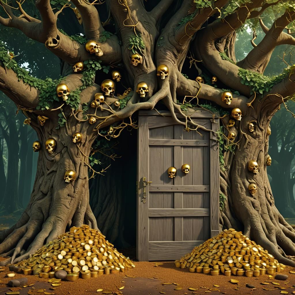 Enchanted Tree Doorway with Hidden Treasures