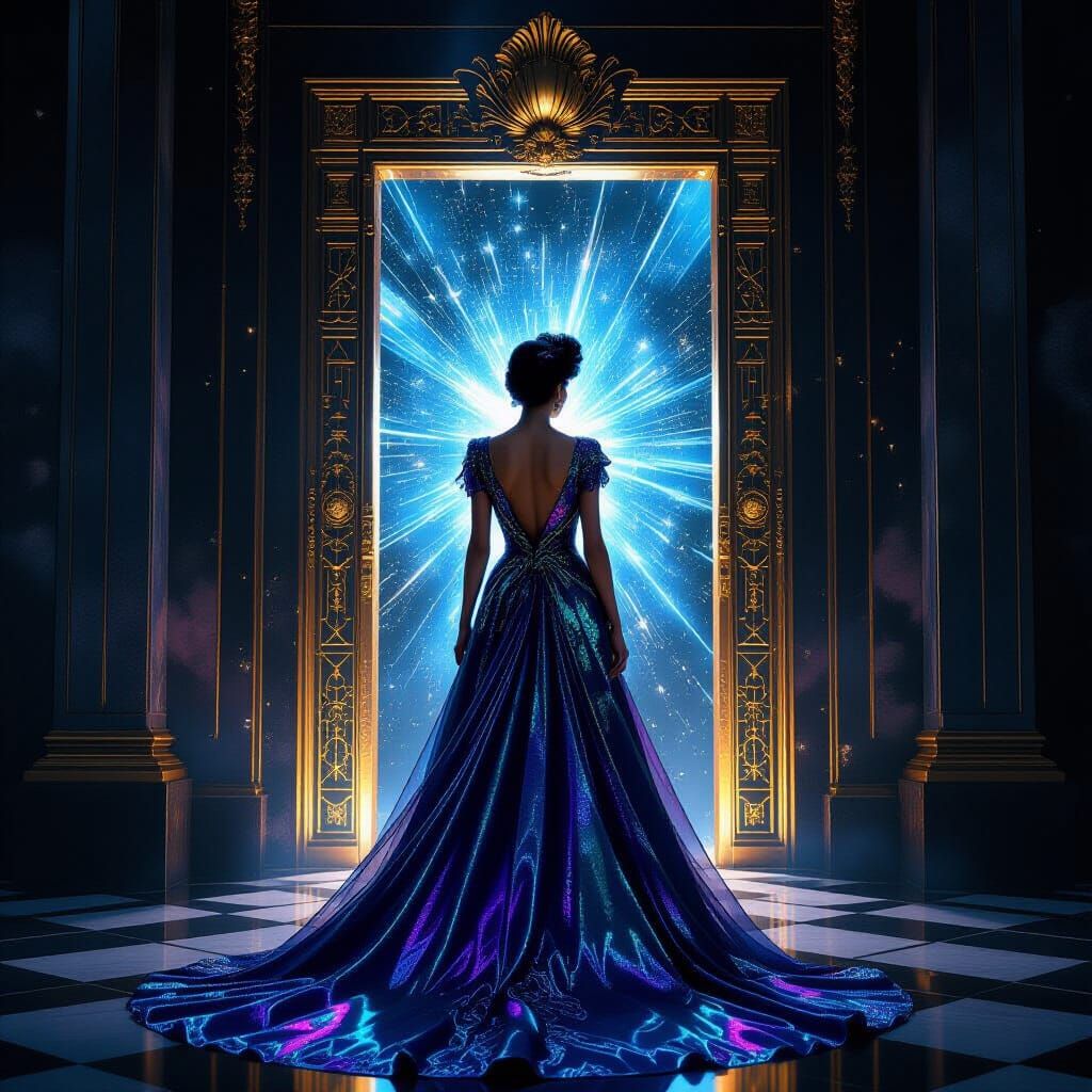 Cosmic Art Deco Entrance with Figure in Gown