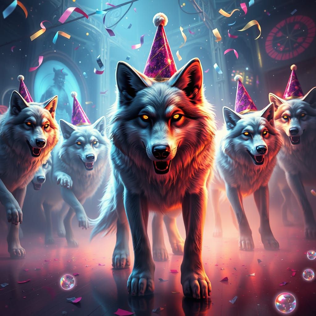 Majestic Wolves Celebrate New Year in Surreal Fantasy Scene