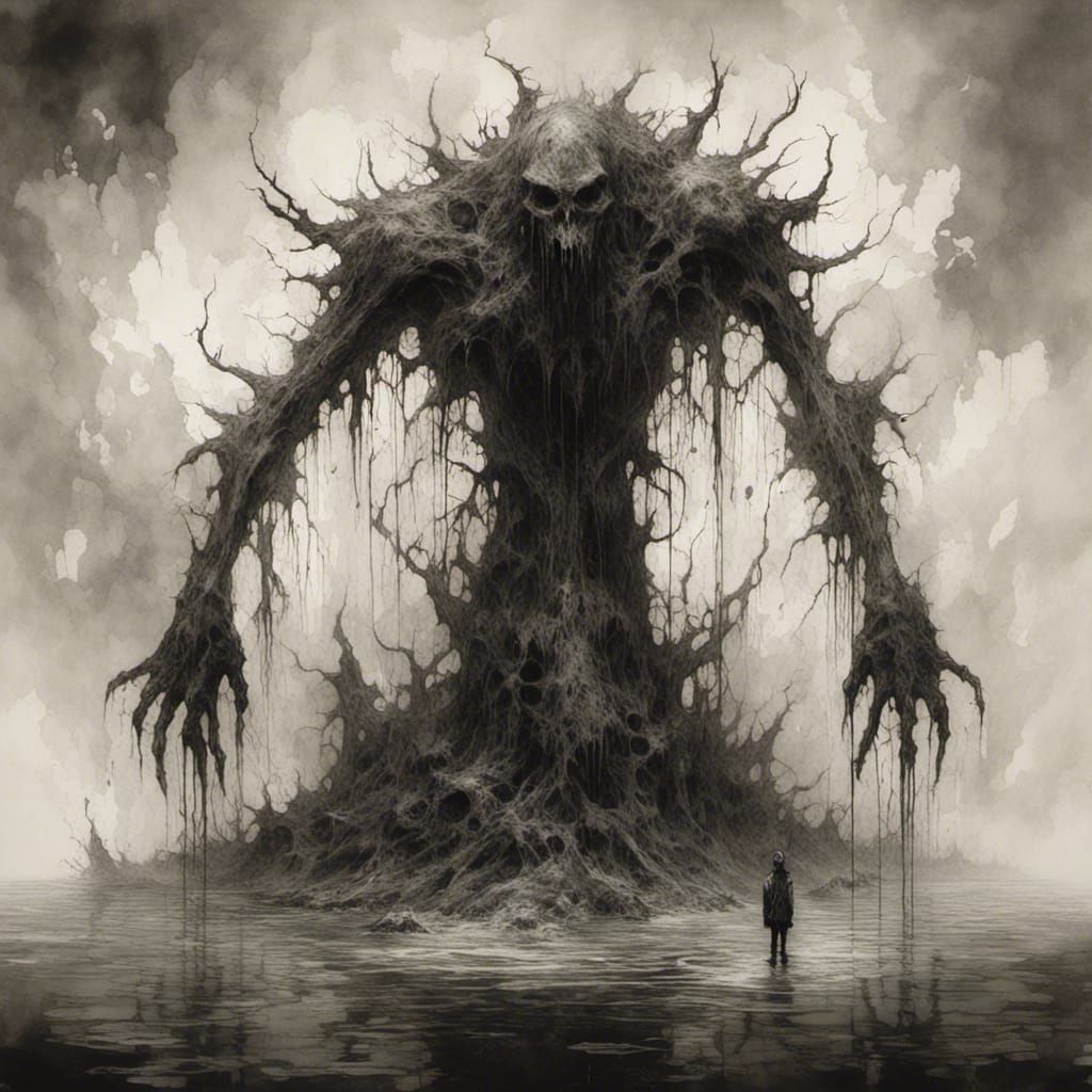 Monstrous Figure in Macabre Ink and Watercolor Style