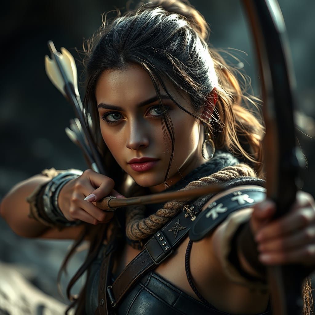 Ultra-Realistic Amazon Archer in Leather Armor, Ready to Str...