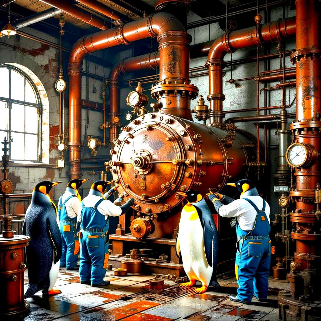 Penguin Maintenance Crew in Steampunk Boiler Room
