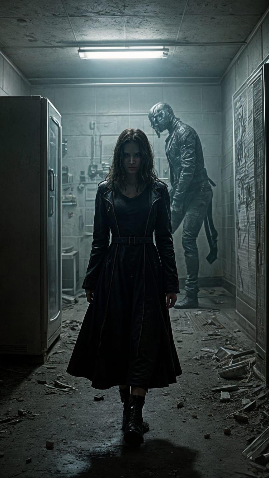 Time Traveler in Gloomy Mutant Room: Cinematic Still