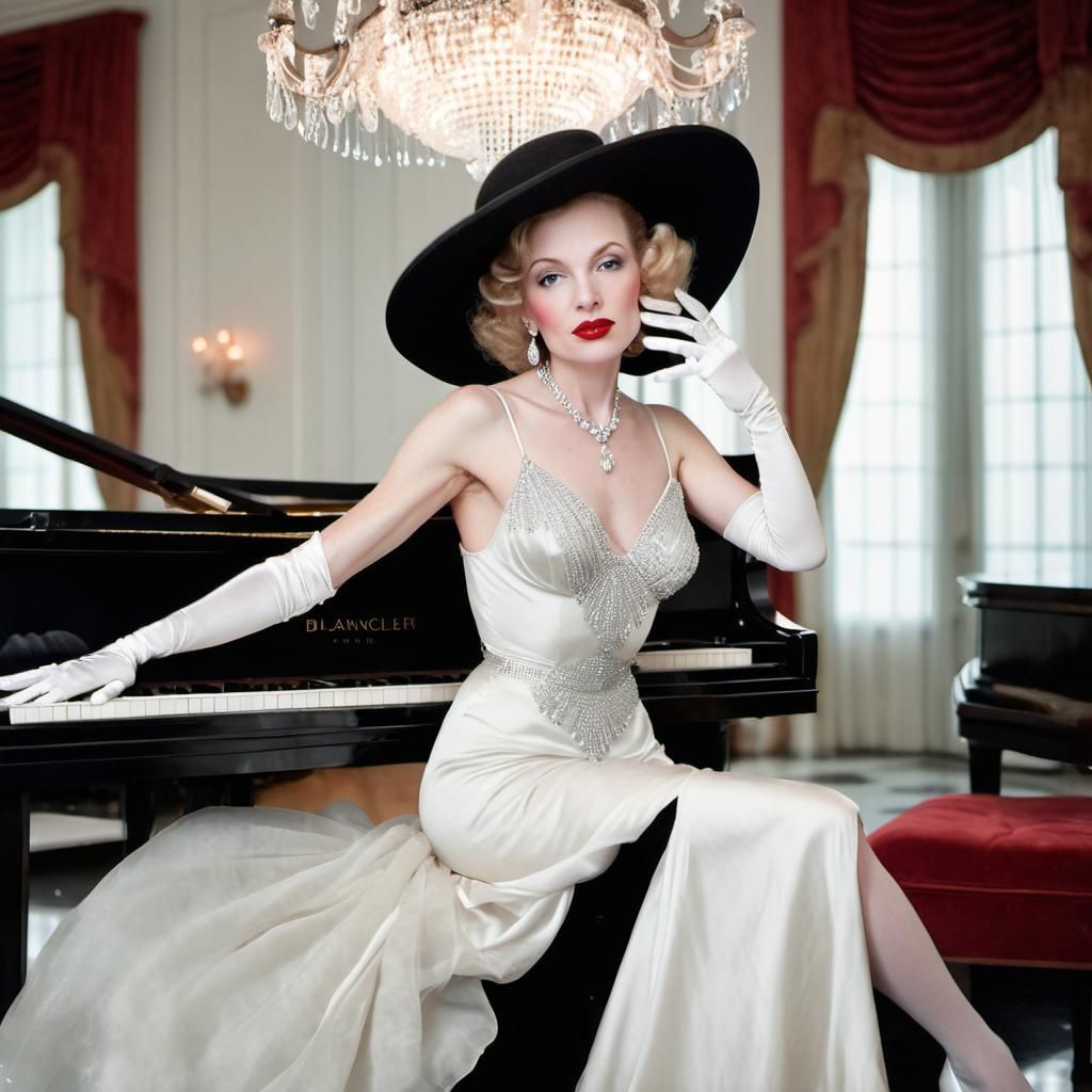 1930s woman in large brimmed hat blsxk and white gown diamon...