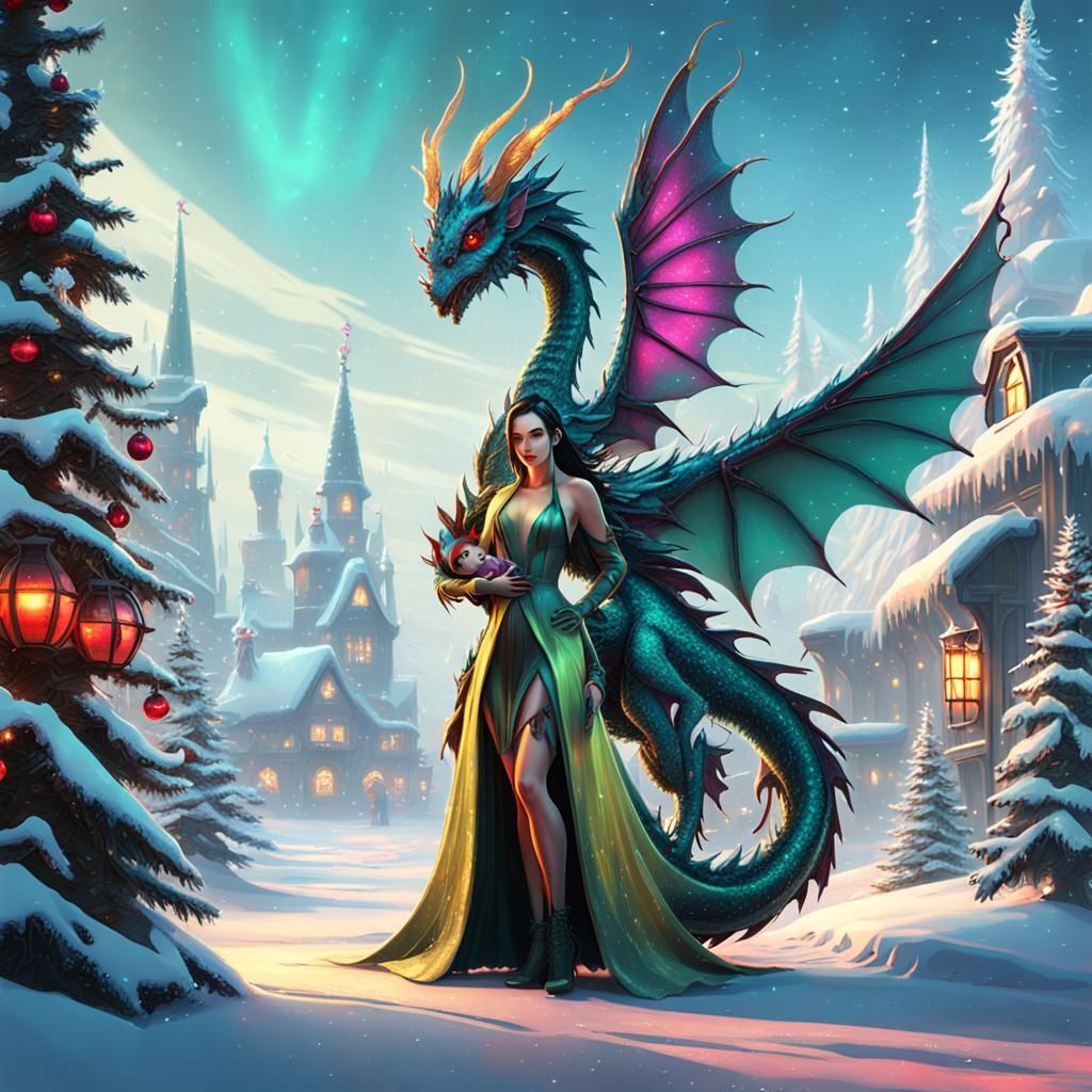 Full body image of a Disney Pixar style 3D strikingly beautiful Christmas woman fairy, with her baby dragon, in a beauti...