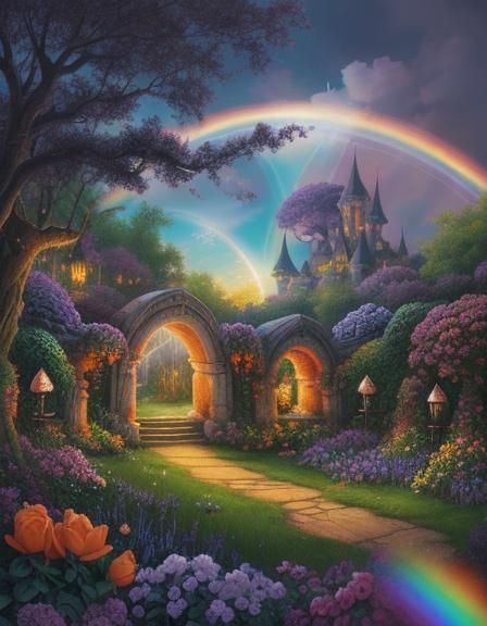 Mystical Garden with Rainbow and Alien Roses