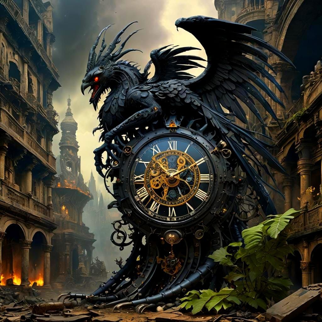 Clockwork Phoenix Golem Battle in Art Nouveau Ruins