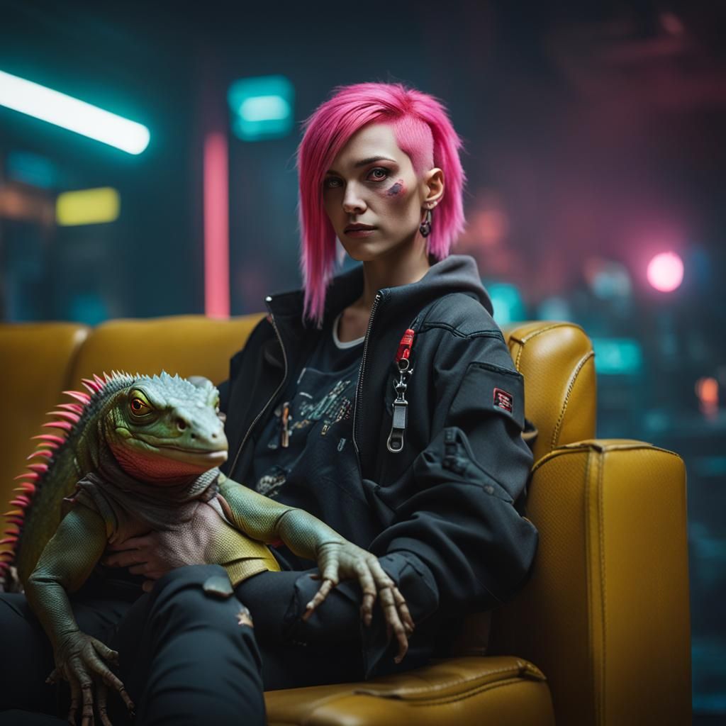 Valerie 'V' Lounging with Iguana in Cyberpunk Style