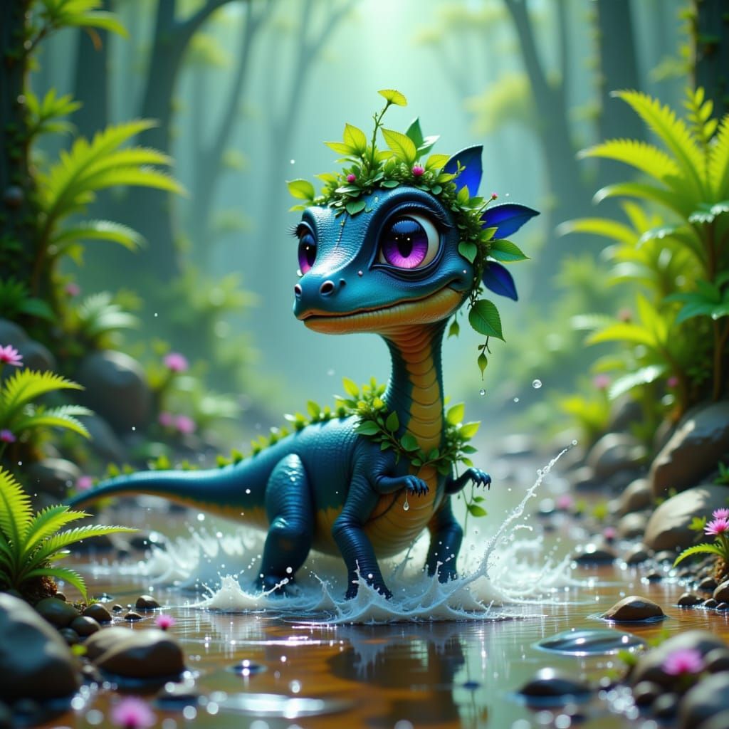 Whimsical Baby Diplodocus in Fern Forest