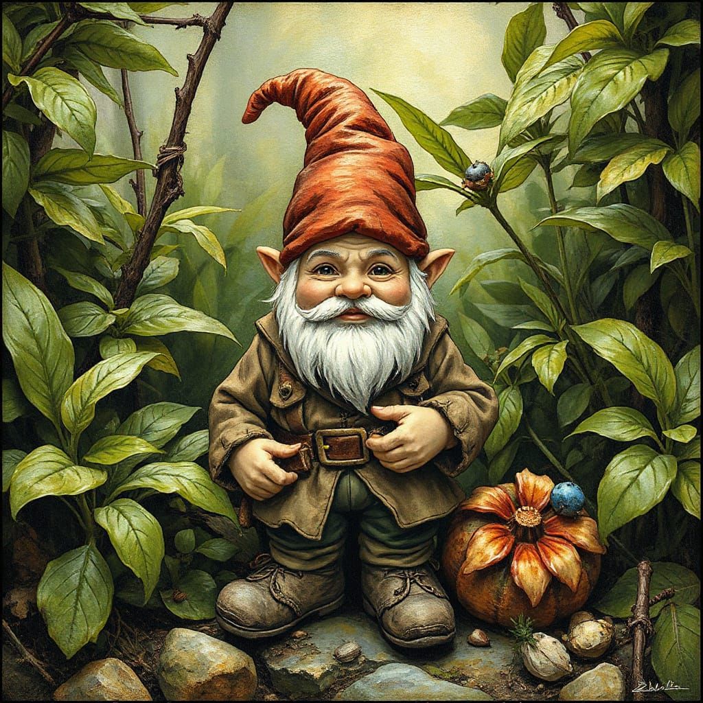 Whimsical Gnome in Earthy Attire: Rackham and Impasto Style