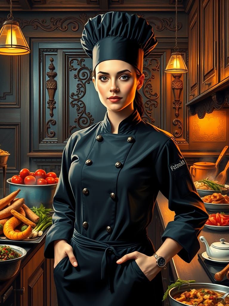 Confident Female Chef in a Vibrant Kitchen Scene