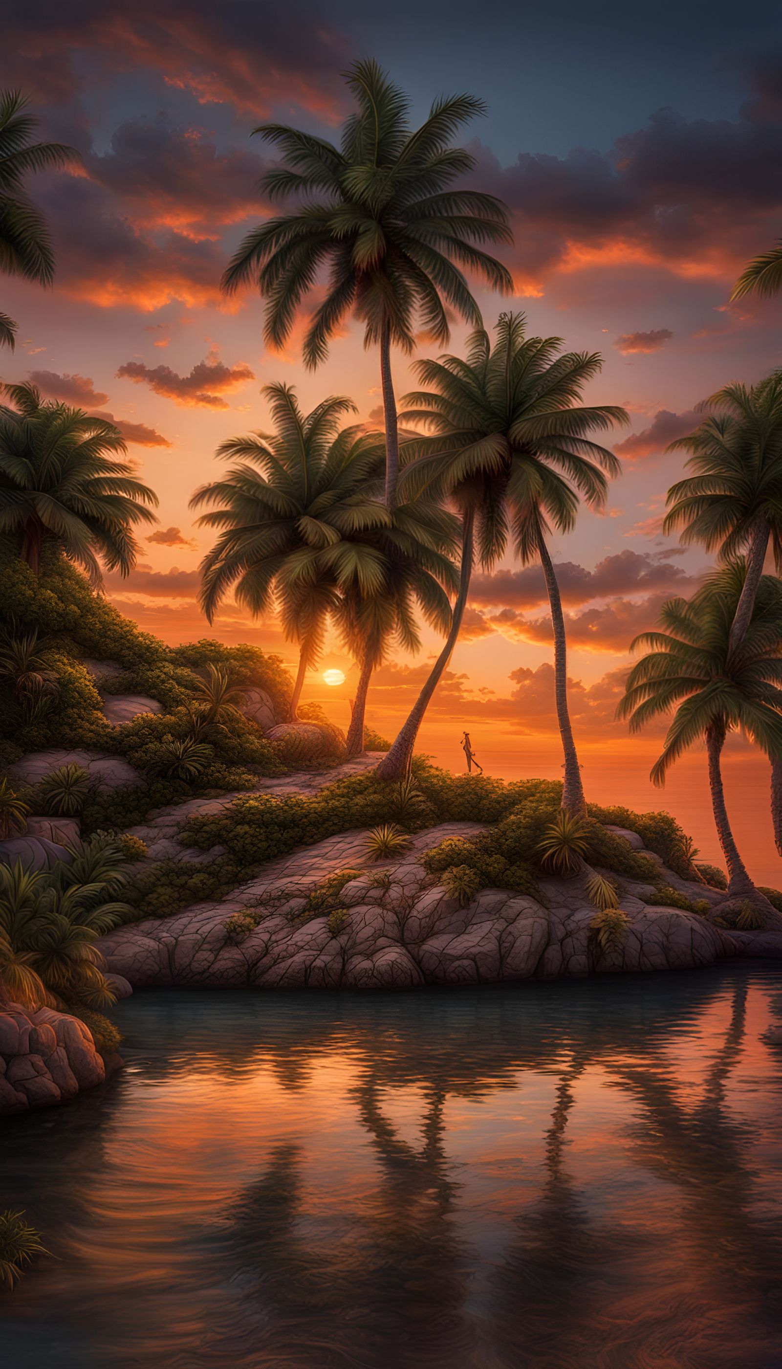 Hyperrealistic Island Oasis at Orange Sunset