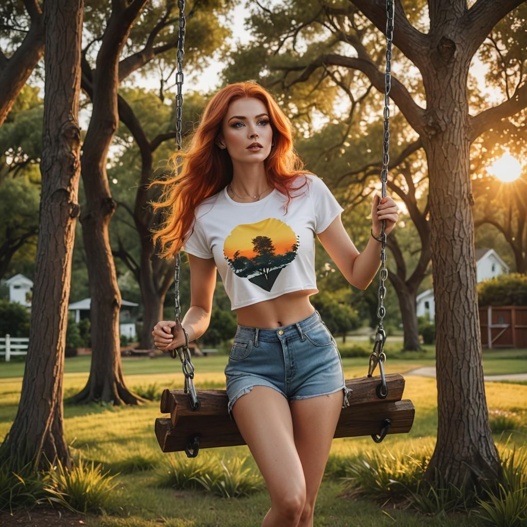 Woman on a Swing at Sunset: A Realistic Portrait