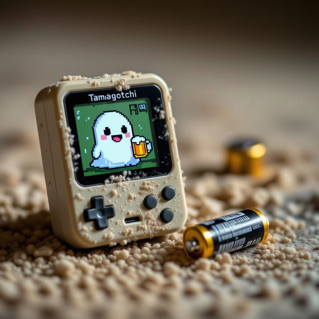 Dusty 90s Tamagotchi With Pixel Ghost Holding Beer