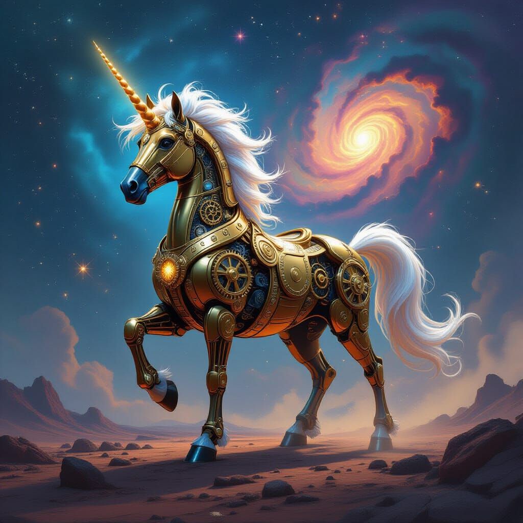 Clockwork Unicorn Amidst Cosmic Nebula in Steampunk Style