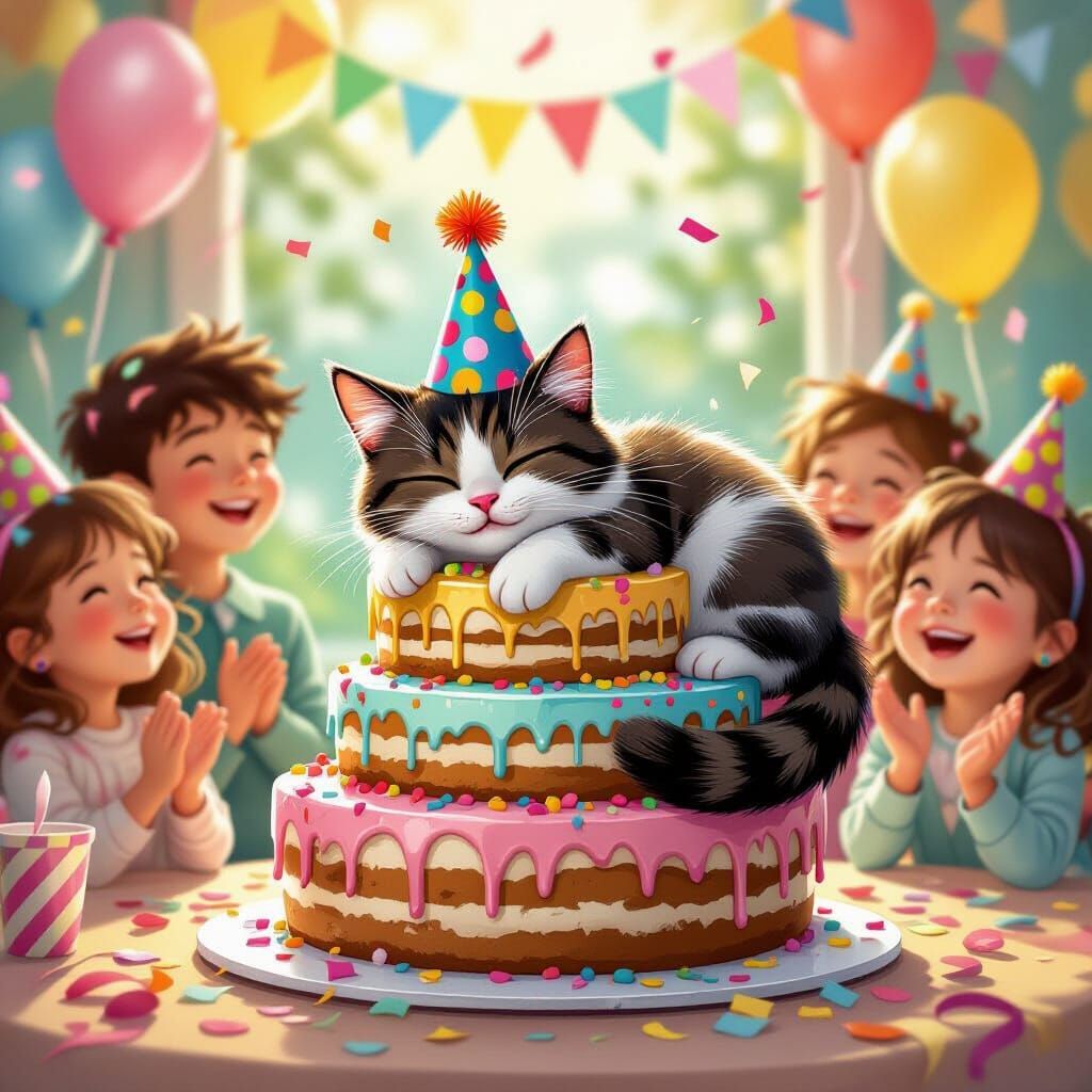 Cat Nap on Birthday Cake in Photorealistic Style