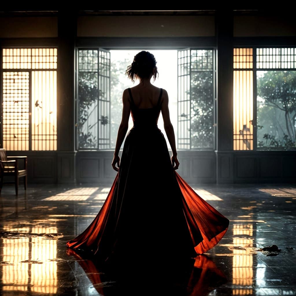 Elegant Victorian Woman in Crimson Red, Lost in Thought