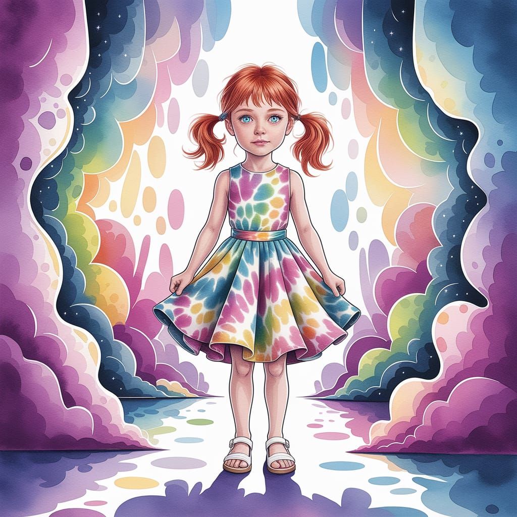 Girl in Liminal Space: Watercolor Kidcore Painting