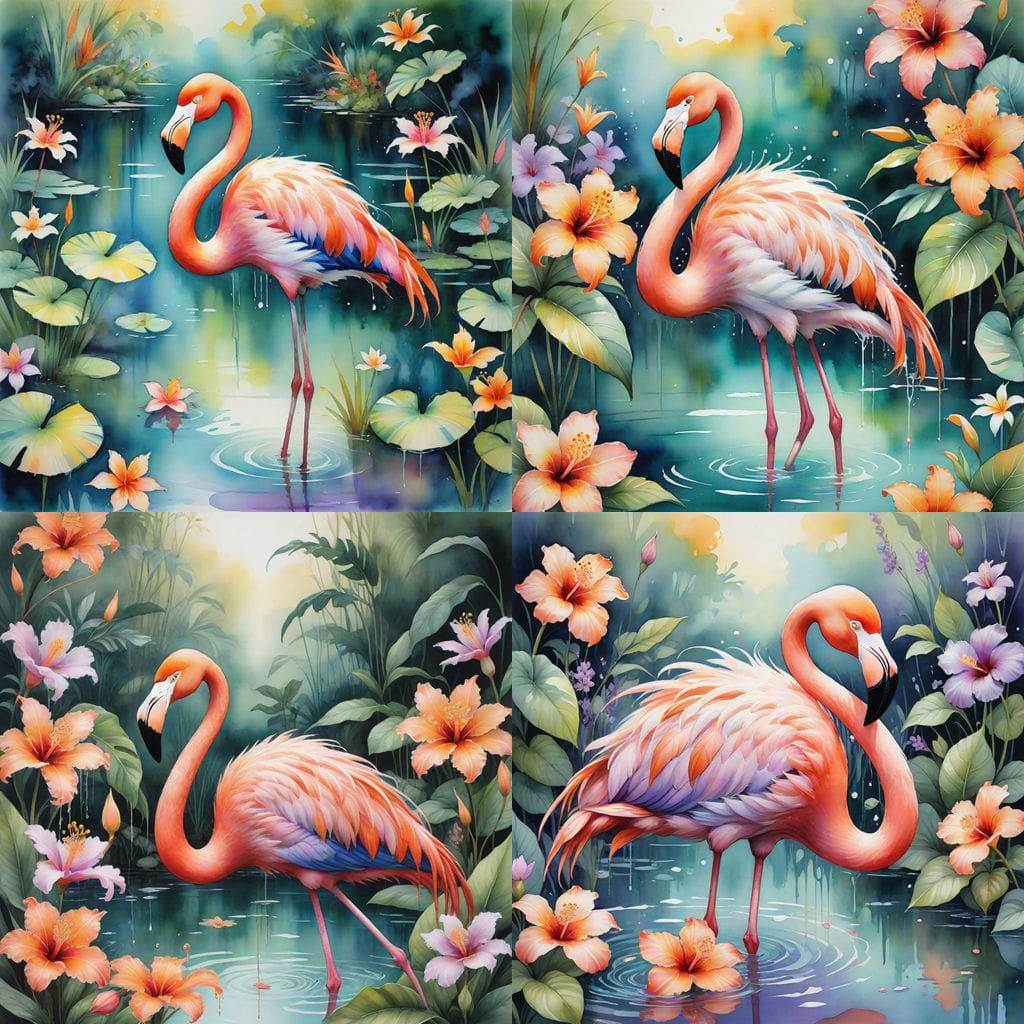 Surreal Flamingo Fairy in Tropical Paradise Watercolor Art