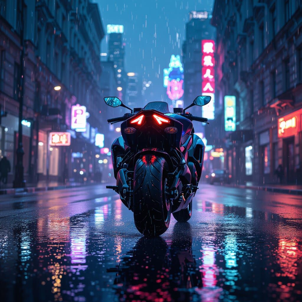 Cyberpunk Motorcycle Over Rainy Cityscape