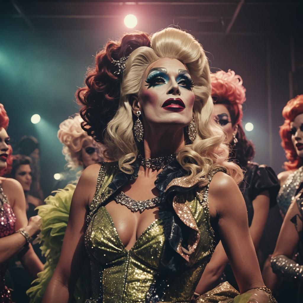 Dramatic Drag Queens in a Cinematic Film Still