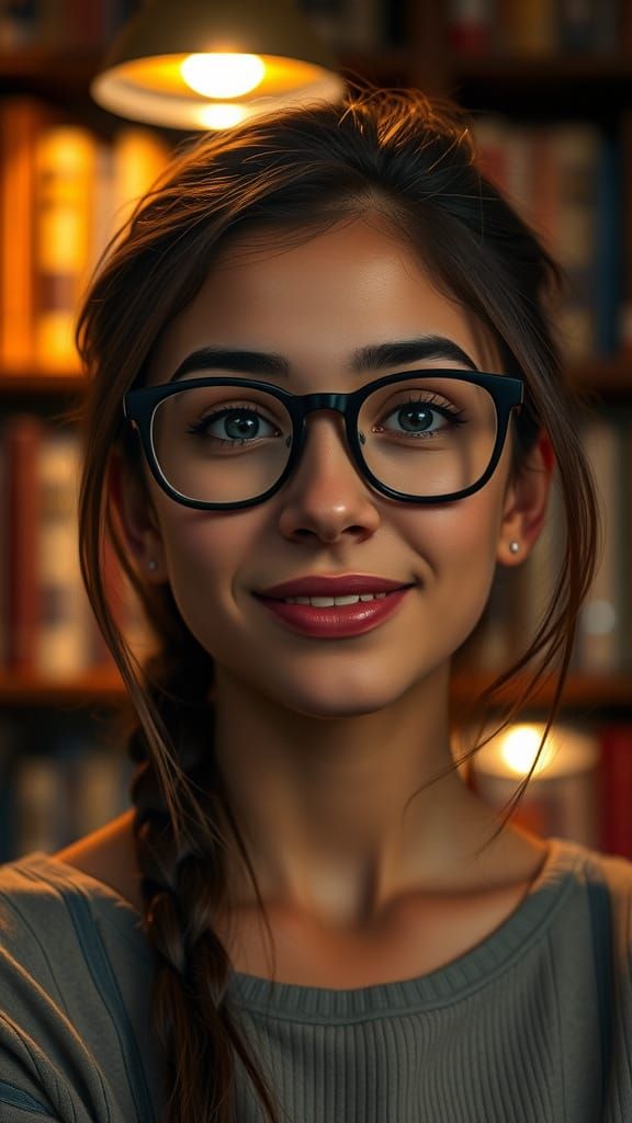 Charming Woman in Glasses, Cozy Library Setting