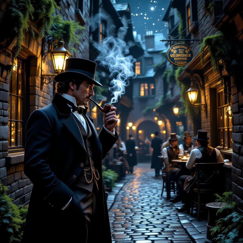 Sherlock Holmes in Steampunk Alley with Lantern Glow