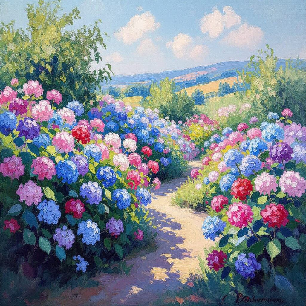 Impressionistic Garden: Blooming Hydrangea Hills