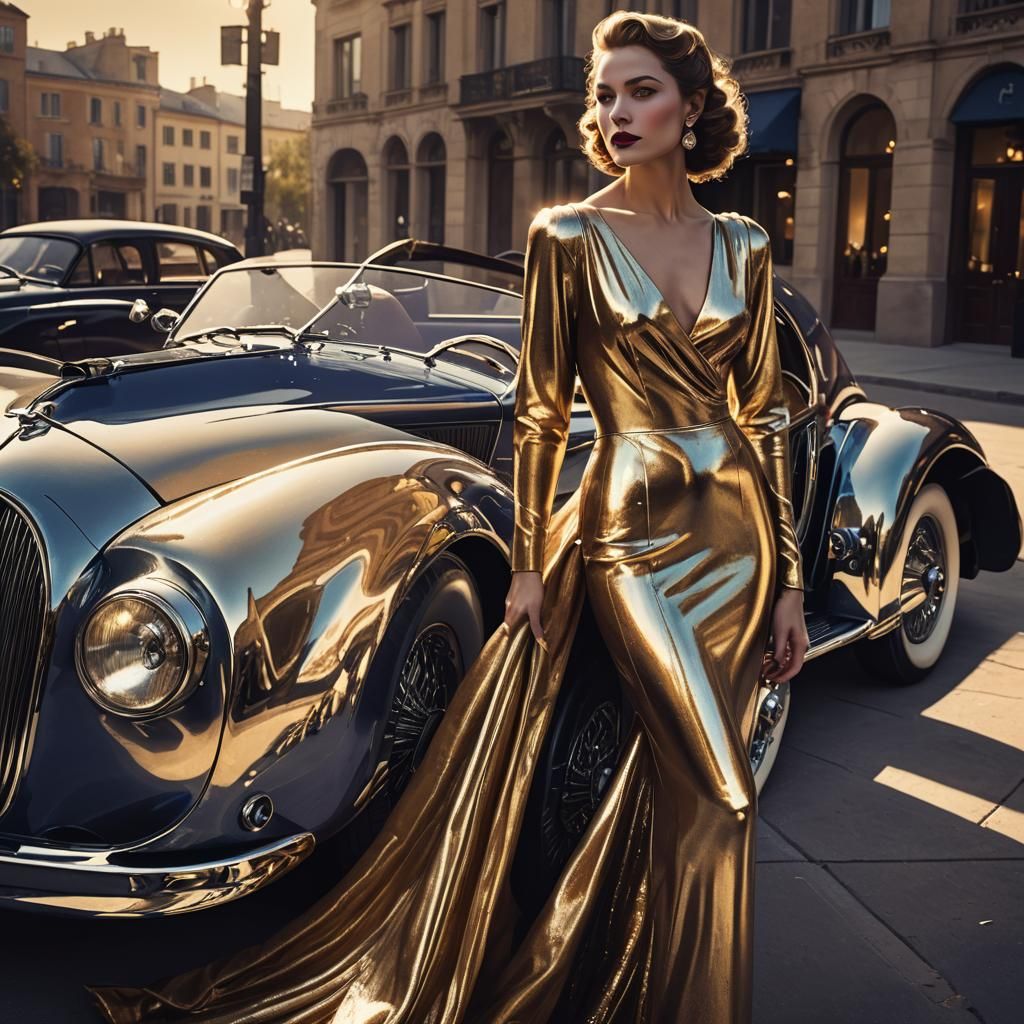 A lady standing next to a Bugatti