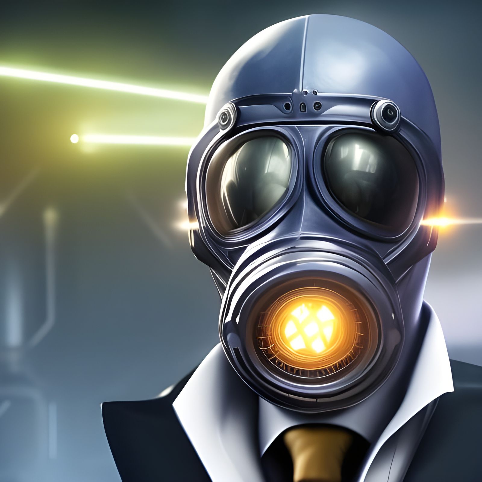 Hyperrealistic Man in Gas Mask and Suit
