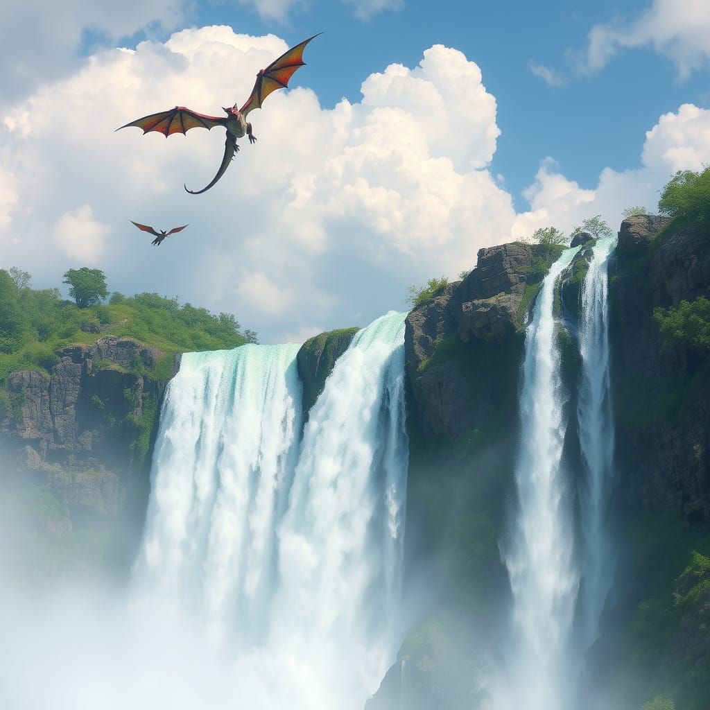 Realistic Waterfalls With Dragons Flying Overhead