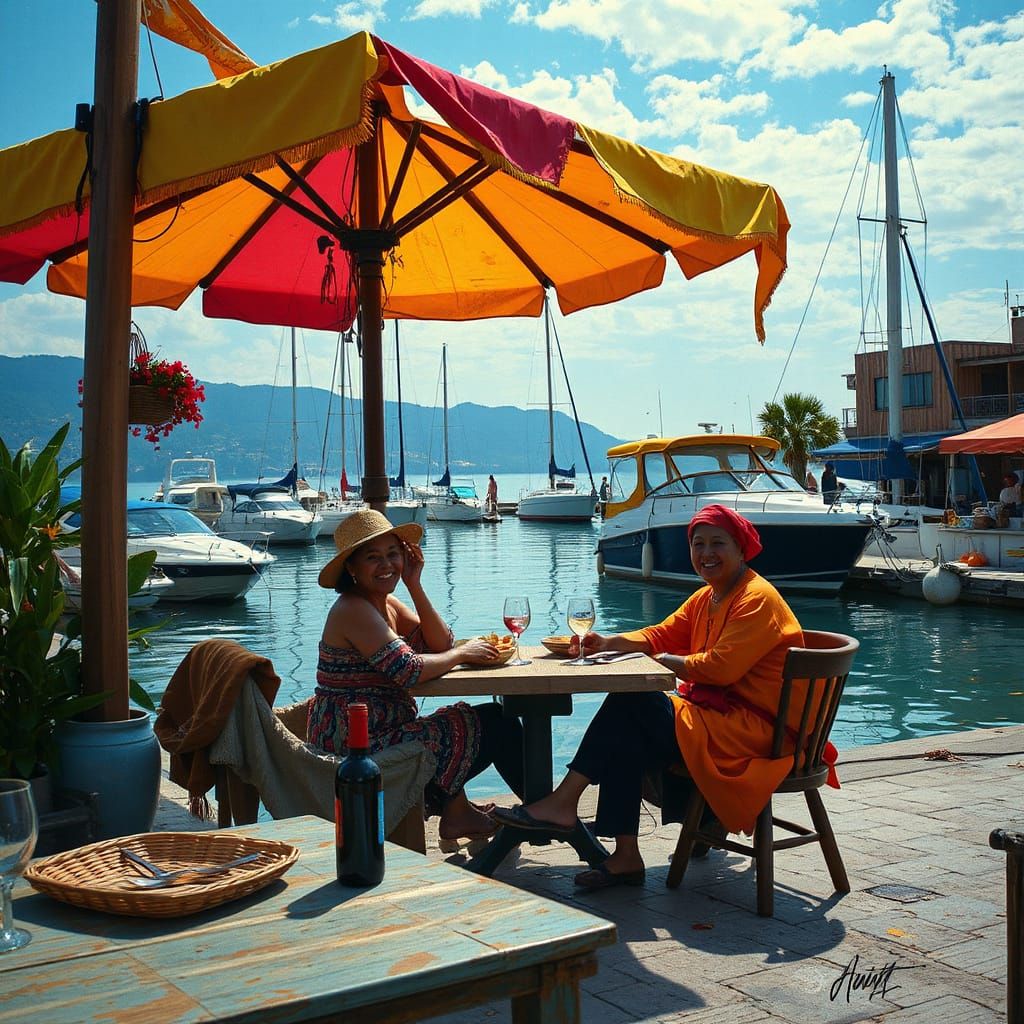 Vivid Marina Dining Scene in Impasto Style