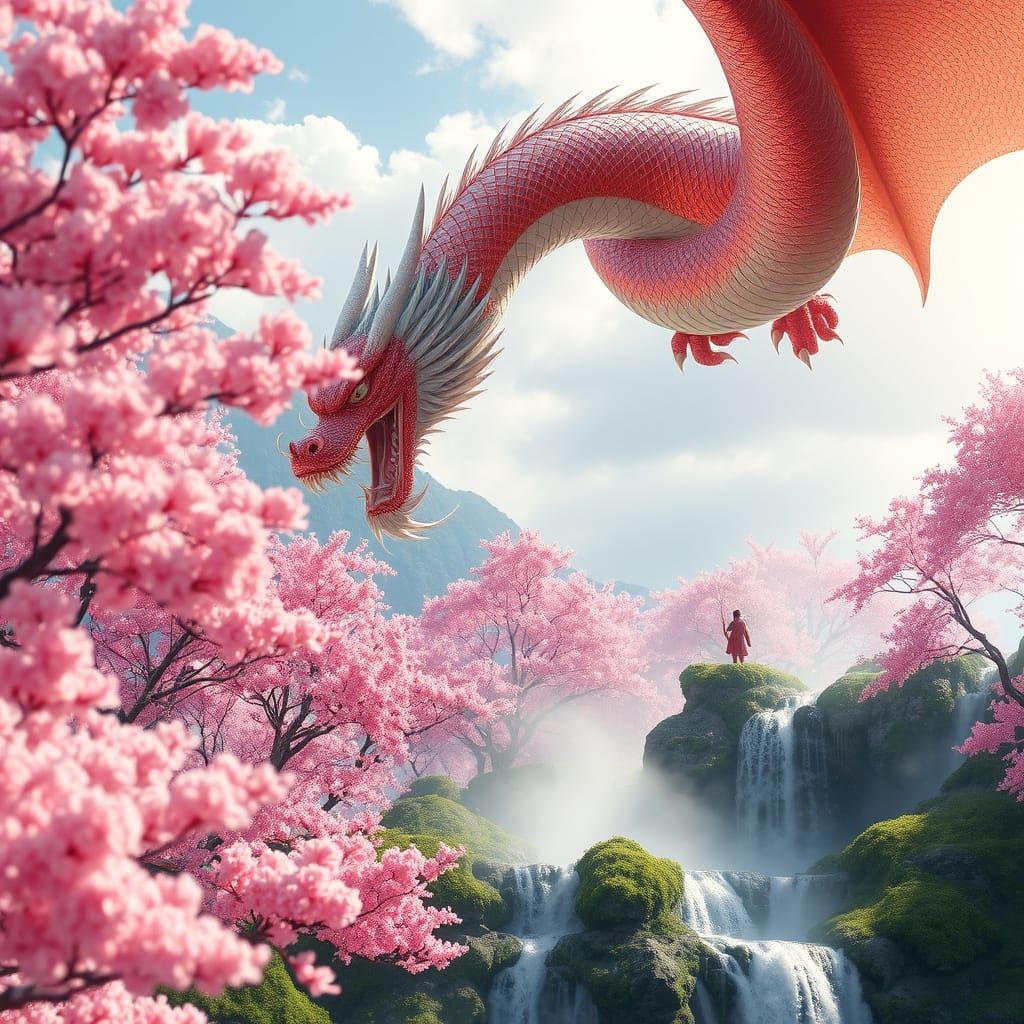 Majestic Chinese Dragon Soars Above Lush Pink Forest with Wa...