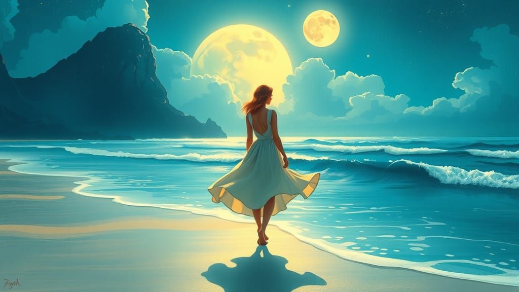 Moonlit Beach Stroll in Whimsical Style