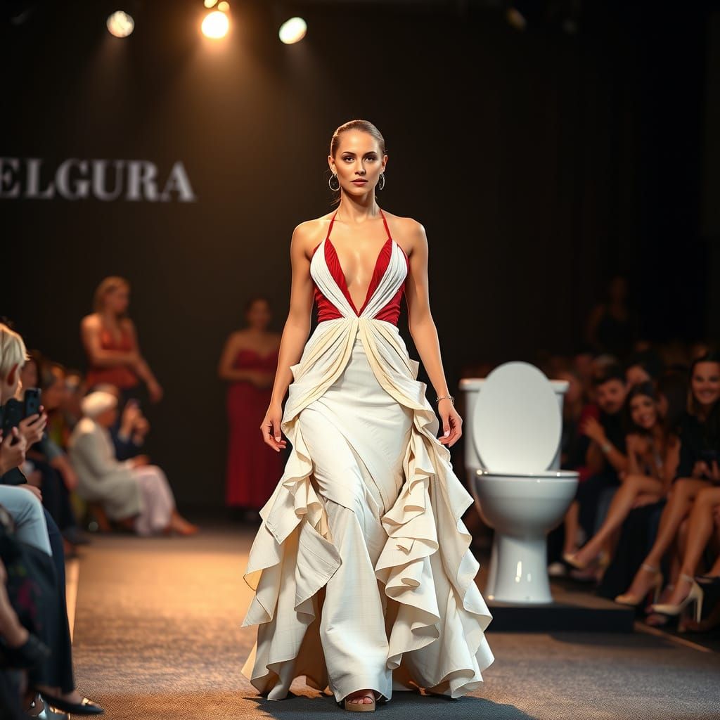 Elegant Woman Struts Down Catwalk in Avant-Garde Toilet Pape...