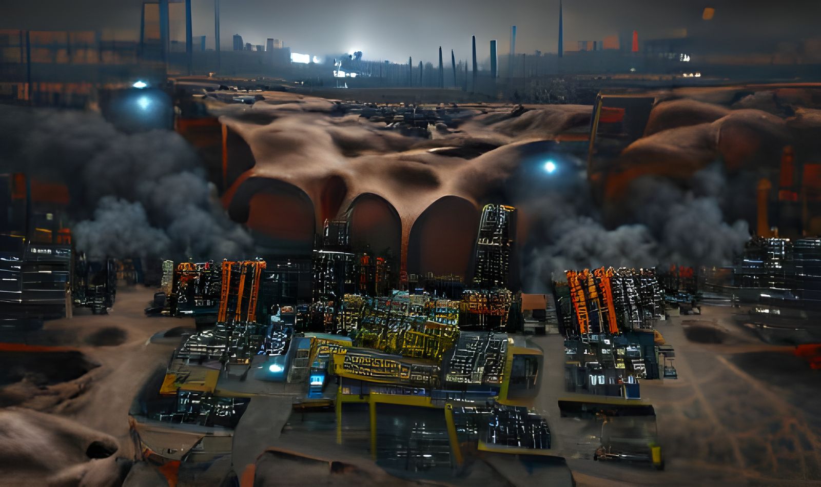 Steampunk Factory in Desert Landscape: Retro Sci-Fi