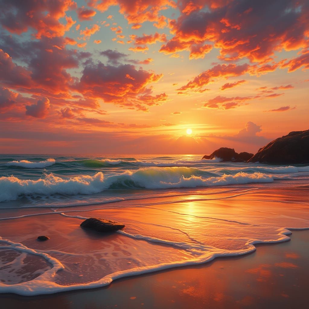 Warm Sunset on Ocean Shore