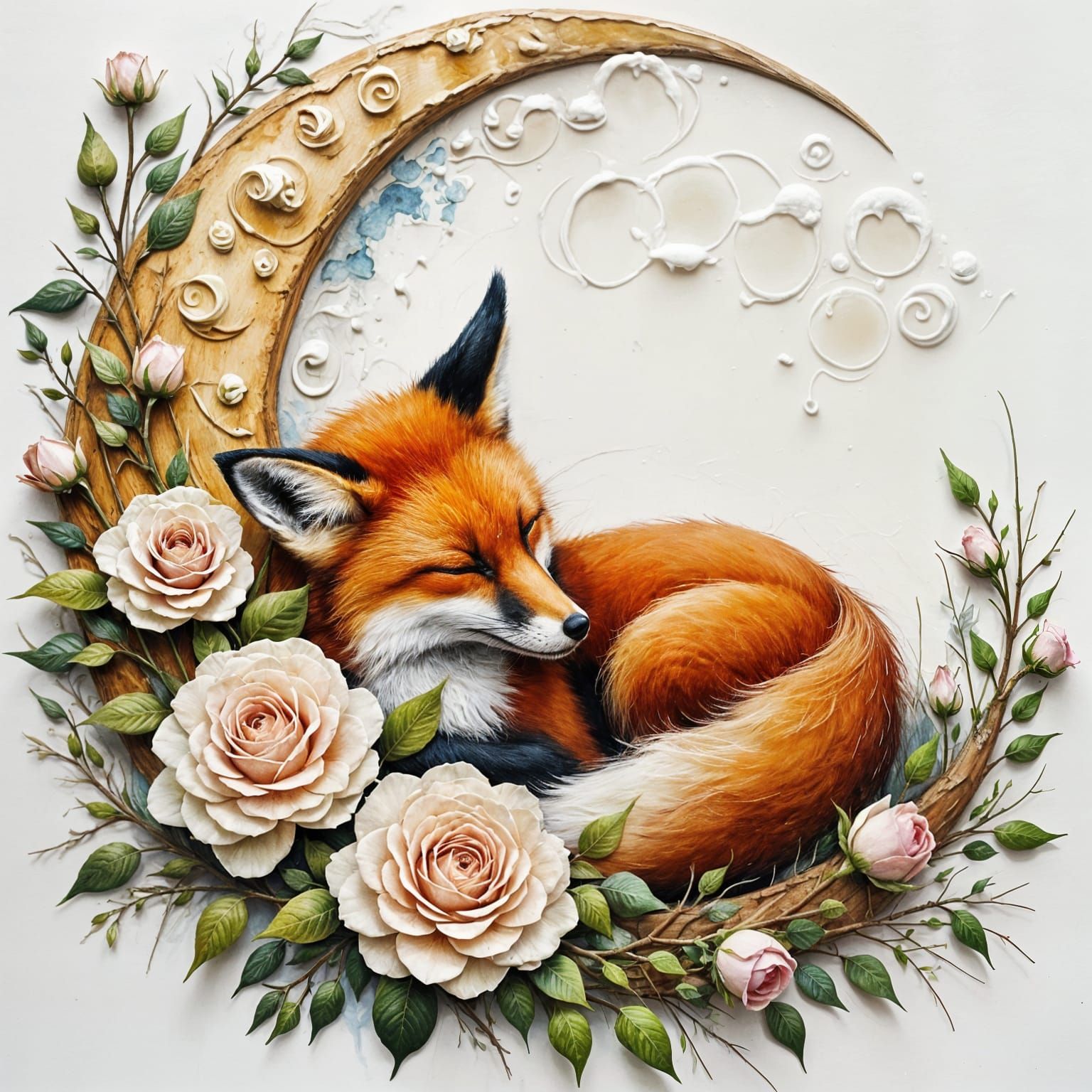 Sleeping Fox Rests on Moon Amidst Roses